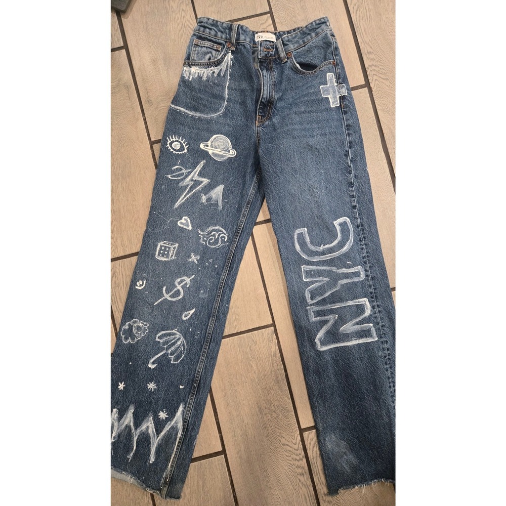 Zara Hand Painted Graphic Doodles Straight Leg Jeans Blue Denim NYC Size 6